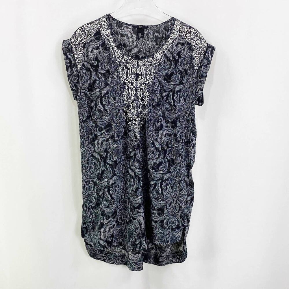 H&M Black White Damask Polyester Rolled Sleeve Shirt Dress